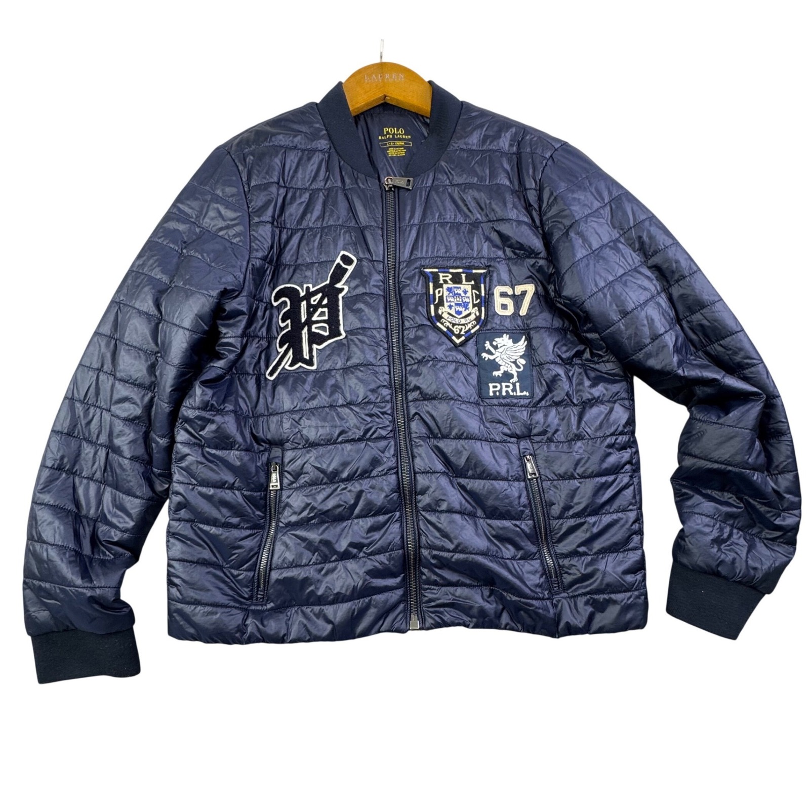 Polo Ralph Lauren Jacket Quilted Patches Puffer Bomber Large Blue